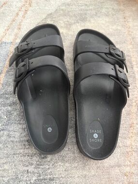 Shade & Shore Matte Black Double-Buckle Slide Sandals